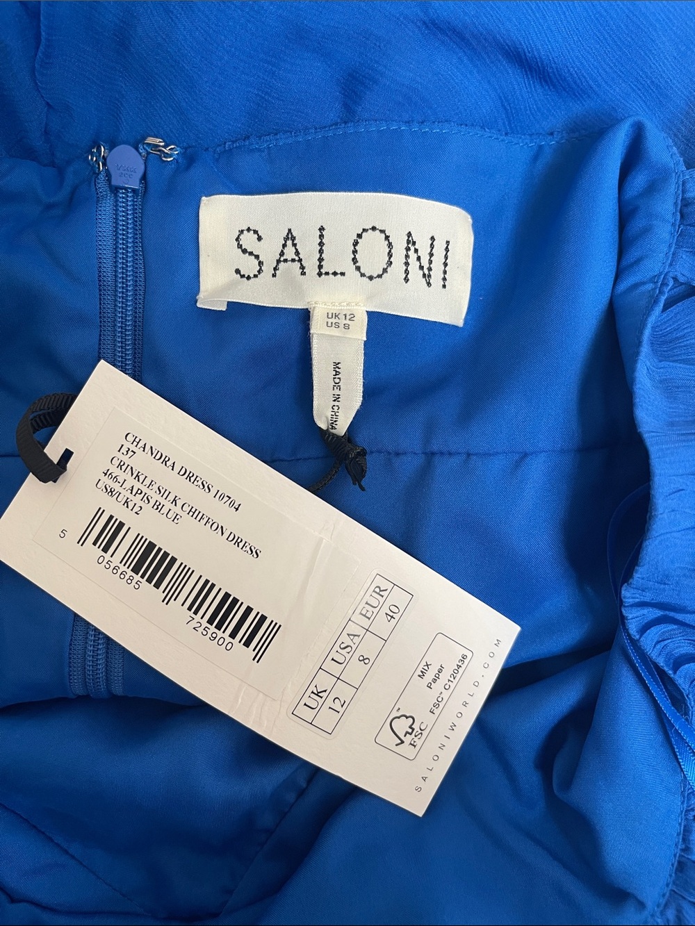 SALONI Chandra Ruffled Plisse Silk Georgette Tiered Blue Maxi Dress Size 8 - Picture 8 of 9